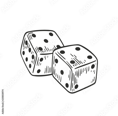 Pair of dice lying with four and five on top side drawn with black contour lines on white background