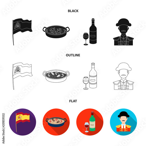 Flag with the coat of arms of Spain, a national dish with rice and tomatoes, a bottle of wine with a glass, a bullfighter, a matador. Spain country set collection icons in black,flat,outline style