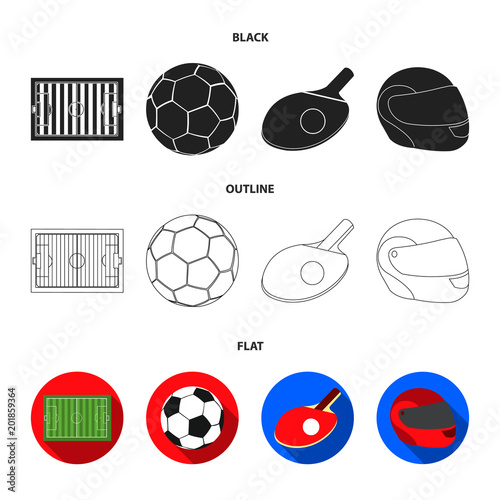 Field, stadium with markings for playing football, football ball, racket with a ball for ping-pong, protective helmet for the game,glove for baseball or rugby. Sport set collection icons in black,flat photo