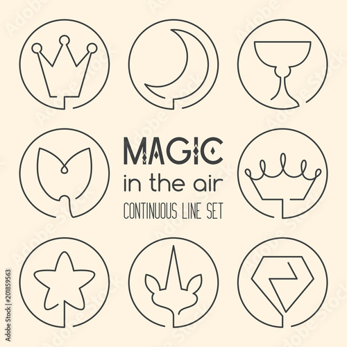 Set of magic fantasy continuous line art icons: crown, moon, holy grail, mermaid tail, star, unicorn horn, diamond