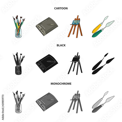 Bank with brushes, a drawing board, an easel with a canvas, paint knives.Artist and drawing set collection icons in cartoon,black,monochrome style vector symbol stock illustration web.