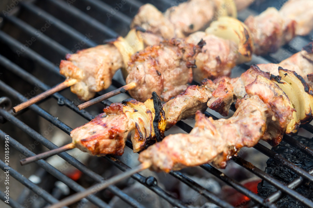 Delicious meat skewers on the hot grill