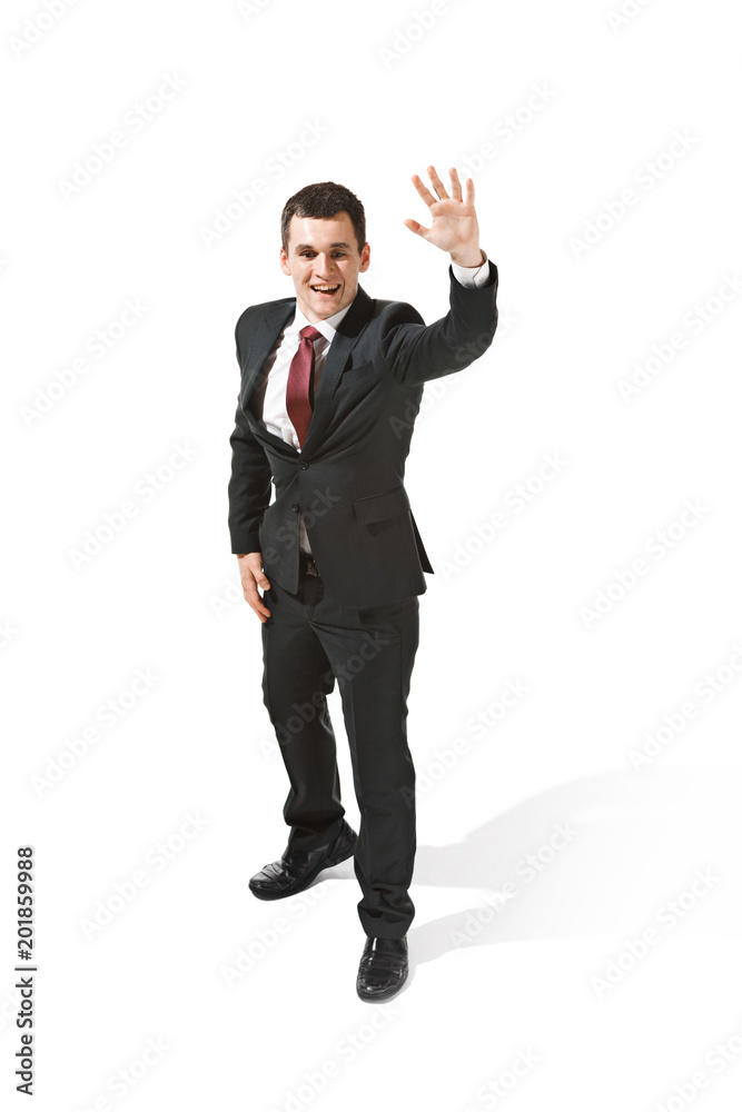 Choose me. Full body view of businessman on white studio background Choose me. Full body view of businessman on white studio background