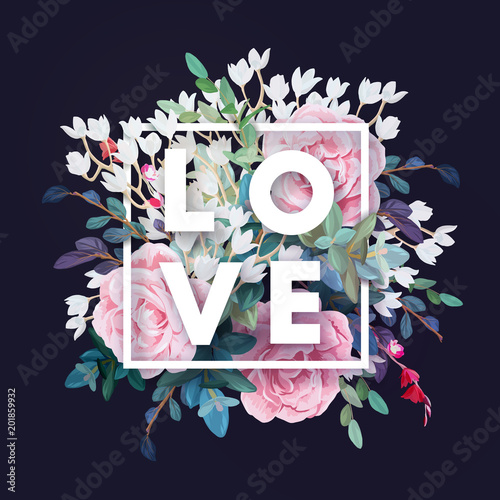Vector square botanical frame with pale pink roses, green leaves and plants. Romantic floral design on dark background.