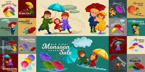family husband and wife walking rain with umbrella in hands, raindrops dripping into puddles, dad and mom holding baby by hand, couple in love under raining clouds vector illustration