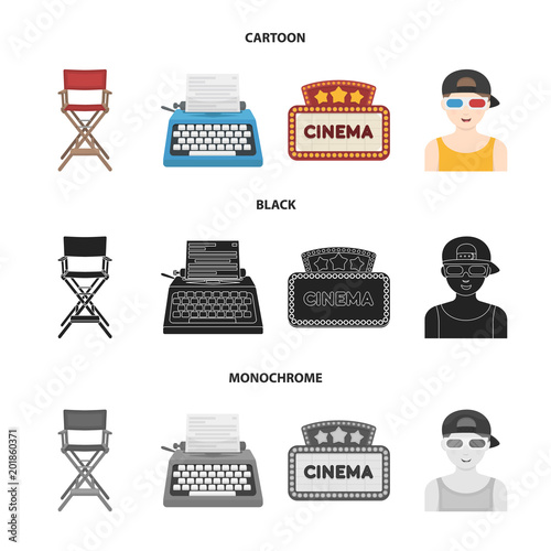 Chair of the director, typewriter, cinematographic signboard, film-man. Films and cinema set collection icons in cartoon,black,monochrome style vector symbol stock illustration web.