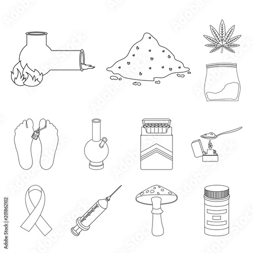 Drug addiction and attributes outline icons in set collection for design. Addict and Drug vector symbol stock web illustration.