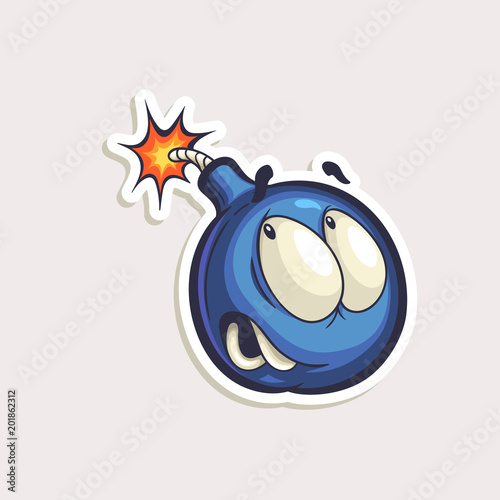 Vector color sticker with funny bomb with burning wick in comics style isolated on white. Hand drawn cartoon character in panic.