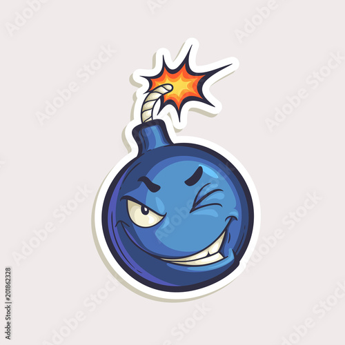 Vector color sticker with funny cartoon character isolated on white. Hand drawn illustration of cool winking bomb with burning wick in comics style.