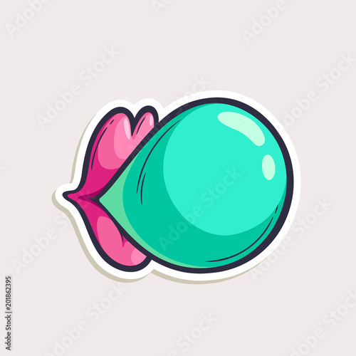 Vector color bubble gum sticker in comics style. Hand drawn cartoon illustration isolated on white.