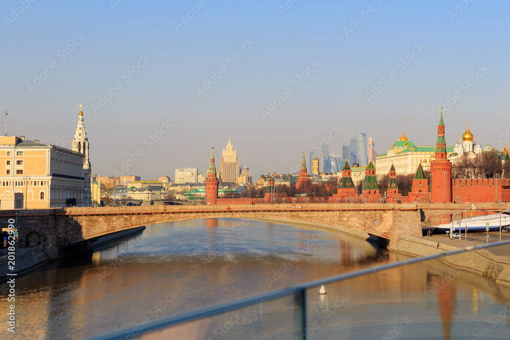 View of Moscow Kremlin from the Floating bridge over the Moskva River on a sunny spring morning
