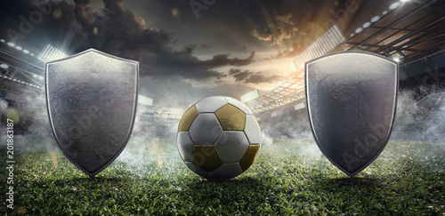 Fototapeta Naklejka Na Ścianę i Meble -  Sport Backgrounds. 3D illustration of the Soccer stadium with ball and metal shields.