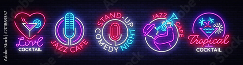 Nightlife collection neon signs. Design Template, Set Logos in Neon Style, Stand Up, Tropical Cocktail, Love Cocktail, Jazz Cafe, Comedy Show, Design Elements for your projects. Vector illustration