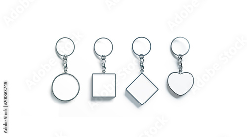 Blank silver key chain mock up top view set, 3d rendering. Clear silvery circular square rhombus heart keychain design mockup isolated. Empty plain keyring souvenir holder template photo