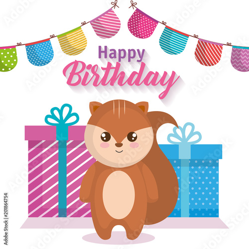 happy birthday card with chipmunk vector illustration design