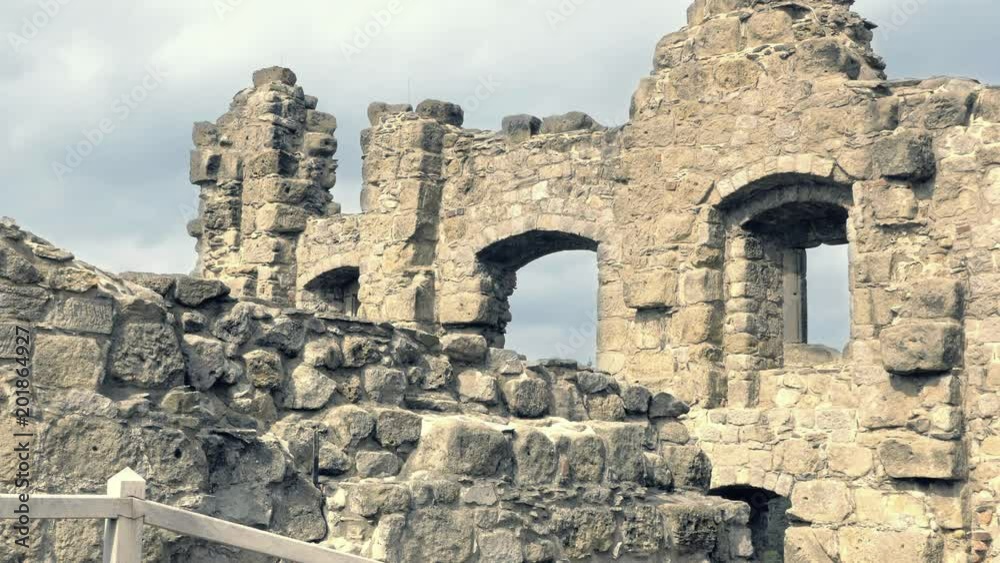 Ruins of medieval castle. Scary giant building, huge defensive ...