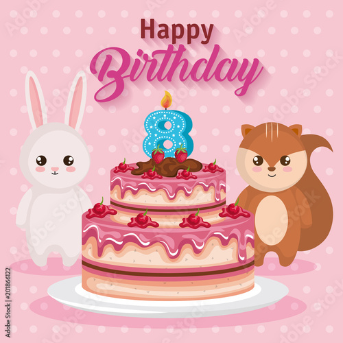 happy birthday card with chipmunk and rabbit vector illustration design