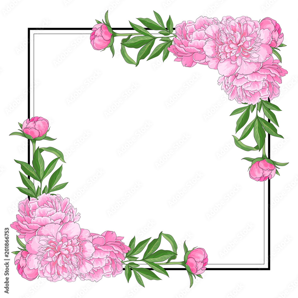 Tender pink peonies on corners of square shape with empty space for text on white background. Hand drawn gentle floral elements for romantic wedding greeting card or invitation. Vector illustration. Tender pink peonies on corners of square shape with empty space for text on white background. Hand drawn gentle floral elements for romantic wedding greeting card or invitation. Vector illustration.