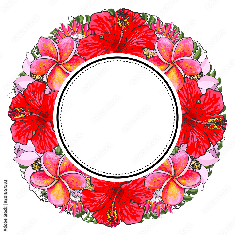 Naklejka premium Tropical flowers and palm leaves in floral composition in round form with sticker on top isolated on white background in sketch style. Hand drawn natural frame with exotic blooms. Vector illustration.