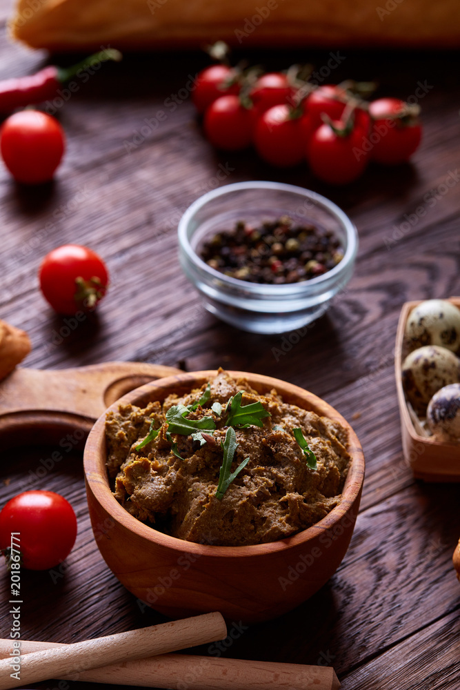 Paste from chicken liver with vegetable sandwiches , shallow depth of field, close-up, vertical. Paste from chicken liver with vegetable sandwiches , shallow depth of field, close-up, vertical.