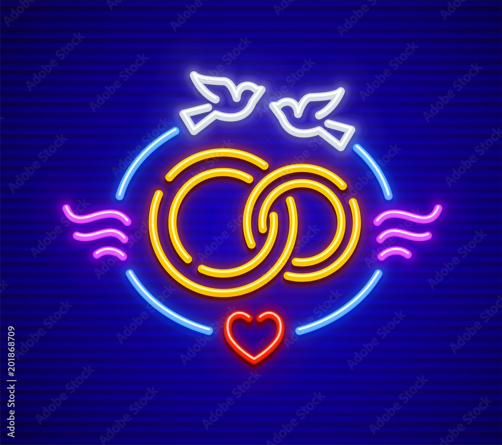 Wedding and marriage neon icon. For Agency with gold ring heart Wedding and marriage neon icon. For Agency with gold ring heart