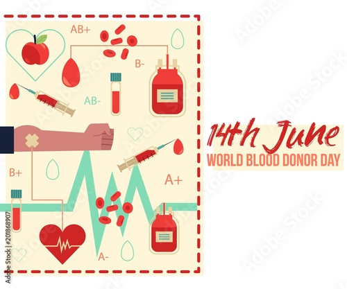 14th June donor blood day illustration with isolated donation lifesaving and hospital equipment. Flat vector banner or poster for world giving blood charity.