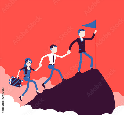 Team of successful businesspeople conquering mountain market top