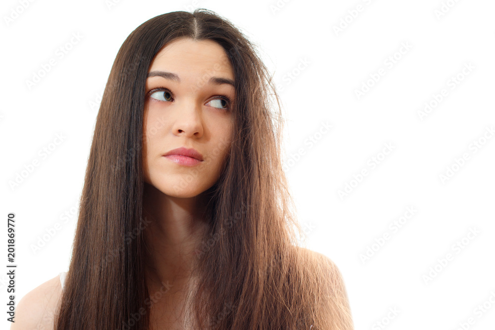 Young woman with well-groomed combed and problem unkempt hair. White  background close up Photos | Adobe Stock