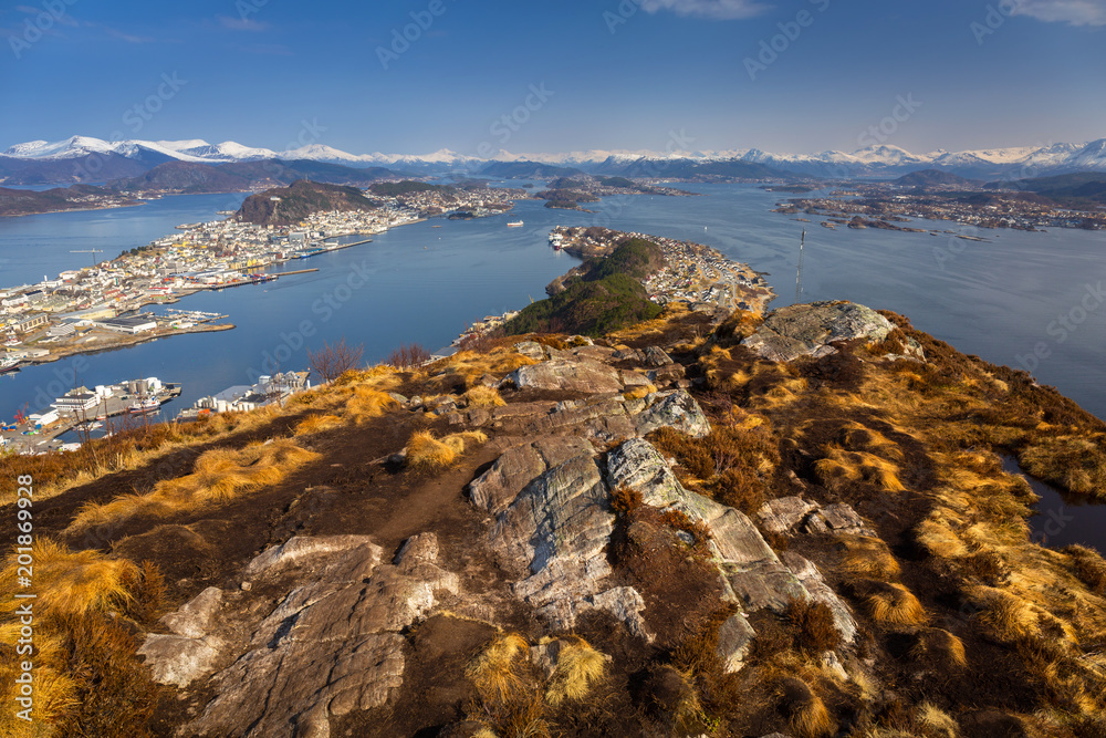 Beautiful scenery of west Norway coastline from the Sukkertoppen hill (Sugar Loaf Top)