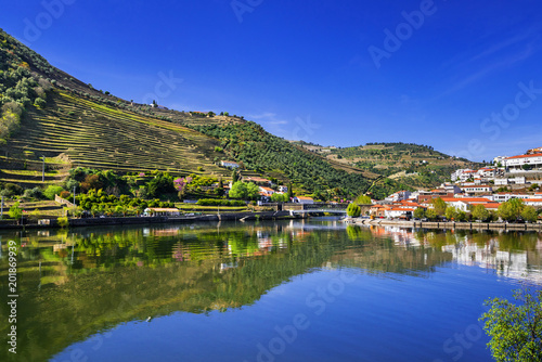 Pinhao town with Douro river and vineyards in Douro valley, Portugal © kite_rin