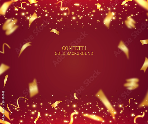 3D holiday background illustration with shiny gold ribbon and tinsel on red background