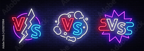 Collection Versus neon signs vector. Set of Versus logo, symbol in neon style. Design template light banner, night advertising. Battle vs match, game concept competitive vs