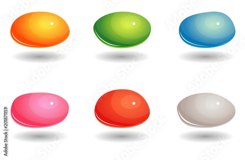 a set of colored oval gem with a shadow. shiny red, blue, yellow, pink, green, white stones, like jelly stylized
