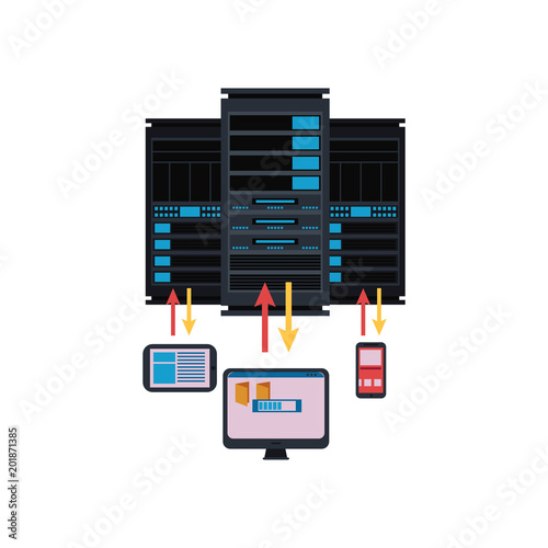 Server room and connection with computer techologies conceptual isolated illustration. Vector image with storage rack in data center and devices. Telecommunication technology in flat cartoon style.