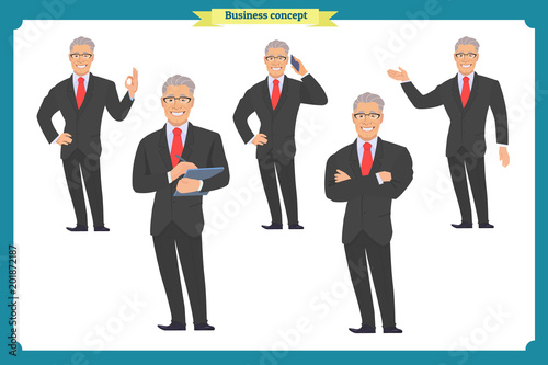 Businessman character. poses,full body, different views, emotions, body elements.Isolated vector on white.Man in business suit.Flat for animation.Business people.Man avatar expressions.Man character © Dmytro