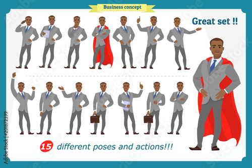 Set of businessman presenting in various action.Happy young black African men in business suit.People character. Standing. Face,body elements for design, animation work.Isolated vector on white. Flat