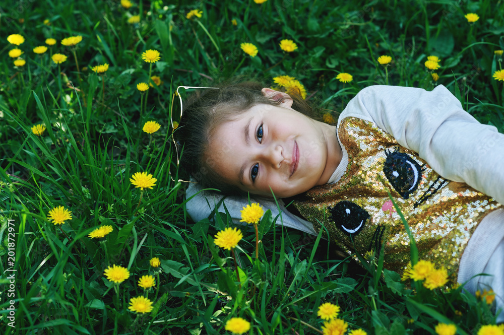 portrait of a little girl with dandelions . The child is lying on the grass in the summer portrait of a little girl with dandelions . The child is lying on the grass in the summer