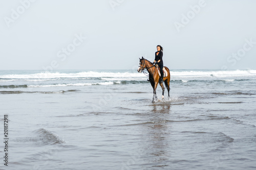 distant view of female equestrian riding horse in water