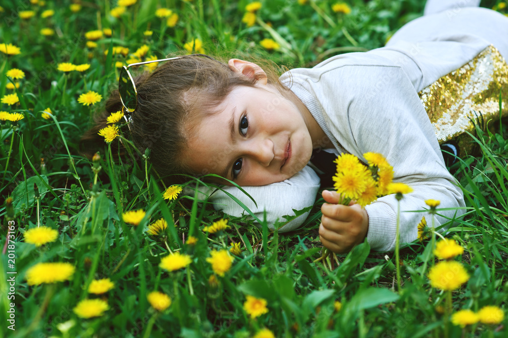 portrait of a little girl with dandelions . The child is lying on the grass in the summer portrait of a little girl with dandelions . The child is lying on the grass in the summer