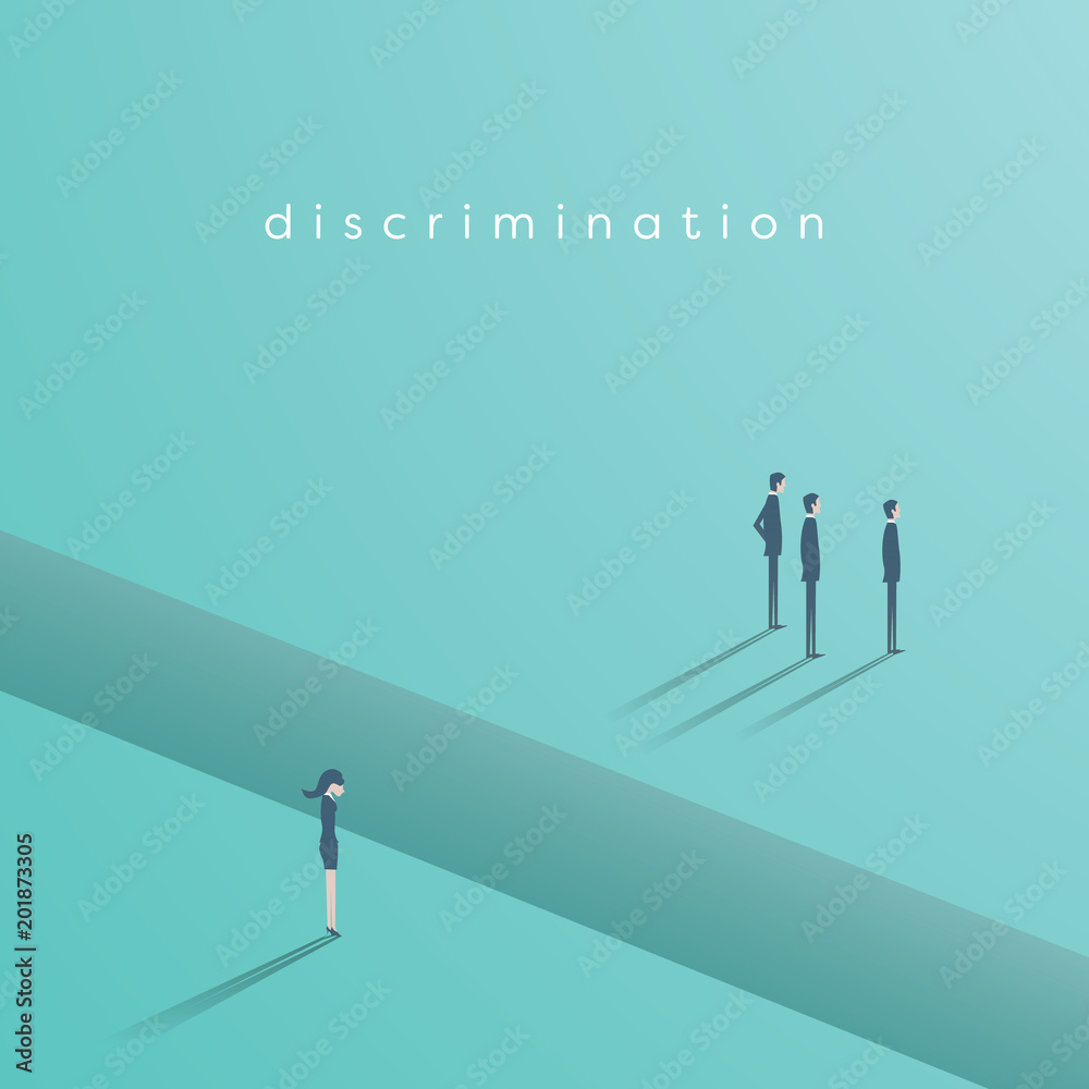 Gender discrimination in business vector concept with businesswoman and businessmen separated by gap. Sex inequality symbol. Gender discrimination in business vector concept with businesswoman and businessmen separated by gap. Sex inequality symbol.