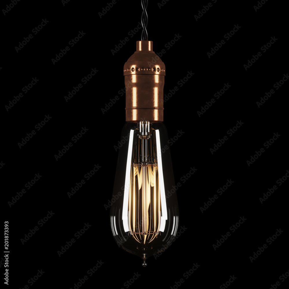Vintage luminous bulb on black background. 3D rendering.