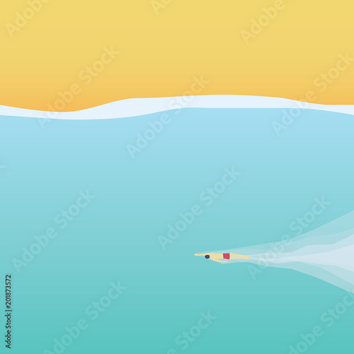 Man swimmer swimming in the ocean near the beach in summer. Vector concept of active, healthy lifestyle and outdoor sports.