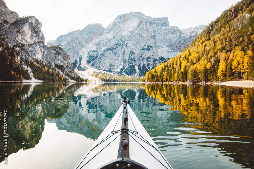 Kayak on a lake with mountains in the Alps - obrazy, fototapety, plakaty 