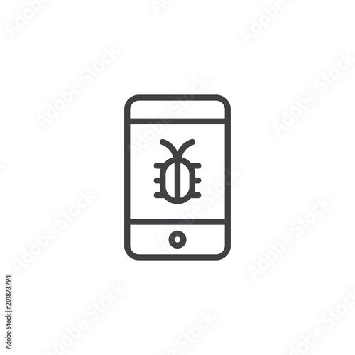Mobile phone with virus bug on display outline icon. linear style sign for mobile concept and web design. Cyber attack simple line vector icon. Symbol, logo illustration. Pixel perfect vector graphics
