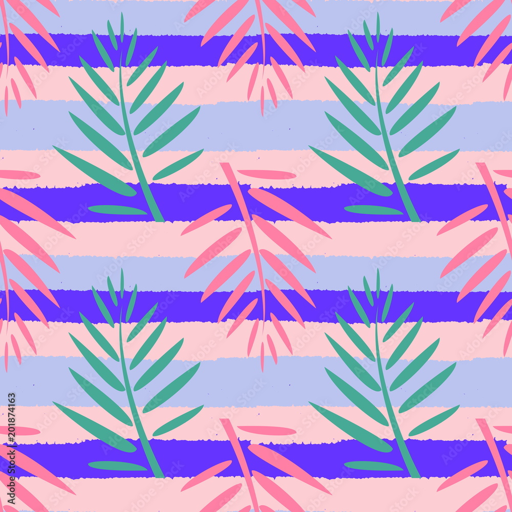 Summer pattern with green and pink leaves on a striped pink - blue background