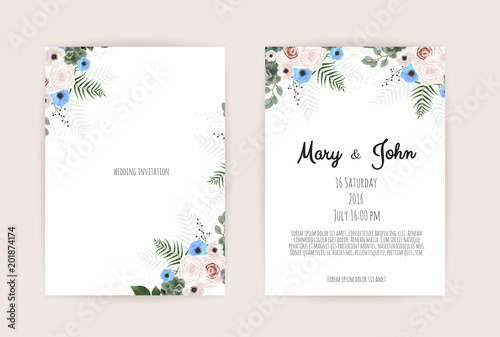 Vector invitation with handmade floral elements. Wedding invitation cards with floral elements