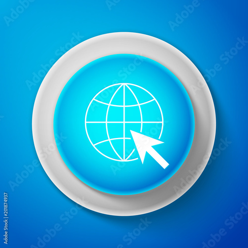 White Go To Web icon isolated on blue background. Globe and cursor. Website pictogram. World wide web symbol. Circle blue button with white line. Vector Illustration