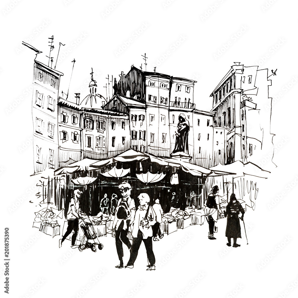 Fototapeta premium Hand drawing sketch, Roman square Campo de Fiori with Daily market and the monument to Giordano Bruno, Rome, Italy. Picture made liners