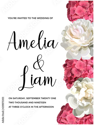 Vector floral banner with pink hydrangeas, peonies in watercolor style.Greenery botanical template with text place for wedding invitation, greeting, card,covers, poligraphy, parfume,cosmetics