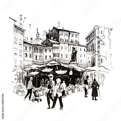 Hand drawing sketch, Roman square Campo de Fiori with Daily market and the monument to Giordano Bruno, Rome, Italy. Picture made liners